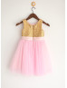 Gold Sequin Pink Tulle Knee Length Flower Girl Dress